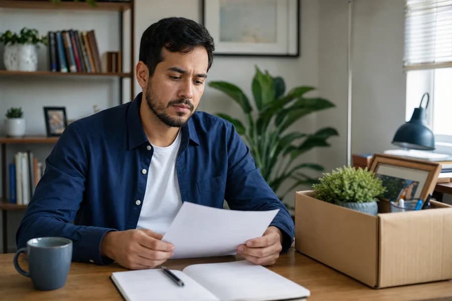 Trabajador revisando documentos después de terminar su empleo