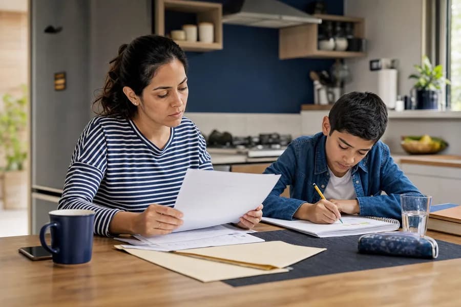 Madre revisando documentos familiares junto a su hijo