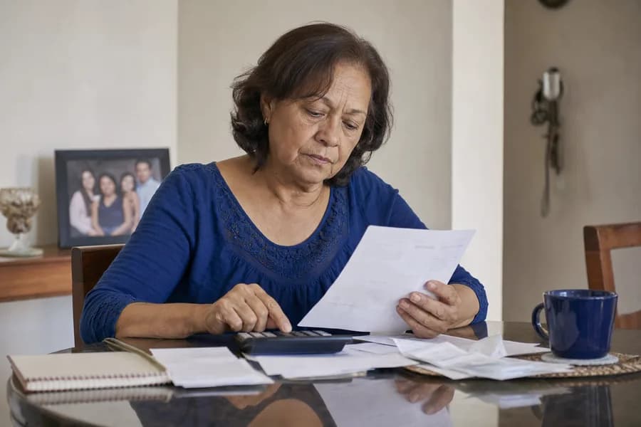 Mujer revisando documentos relacionados con su pensión