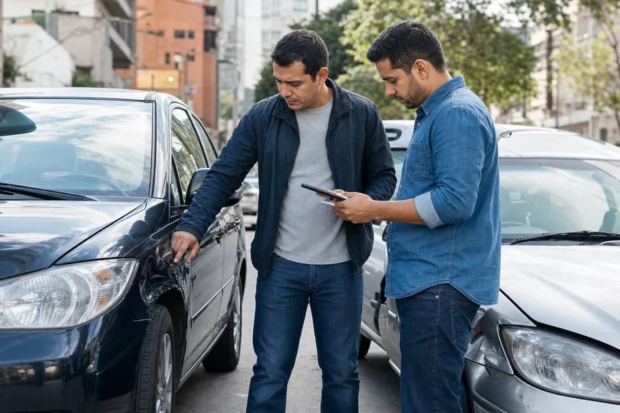 Conductores revisando los daños de un accidente de tránsito