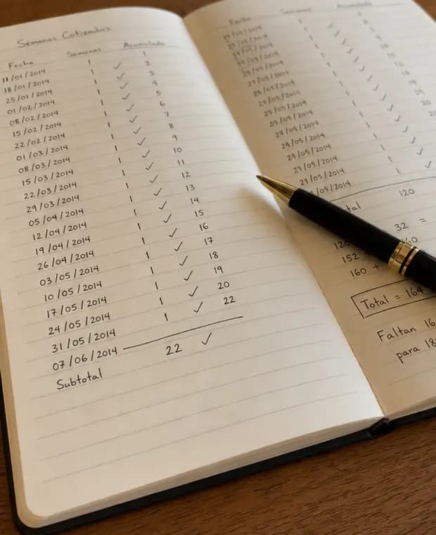 Cuaderno con listado de semanas cotizadas y un esfero