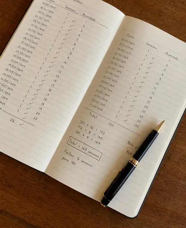 Cuaderno con listado de semanas cotizadas visto desde otro ángulo