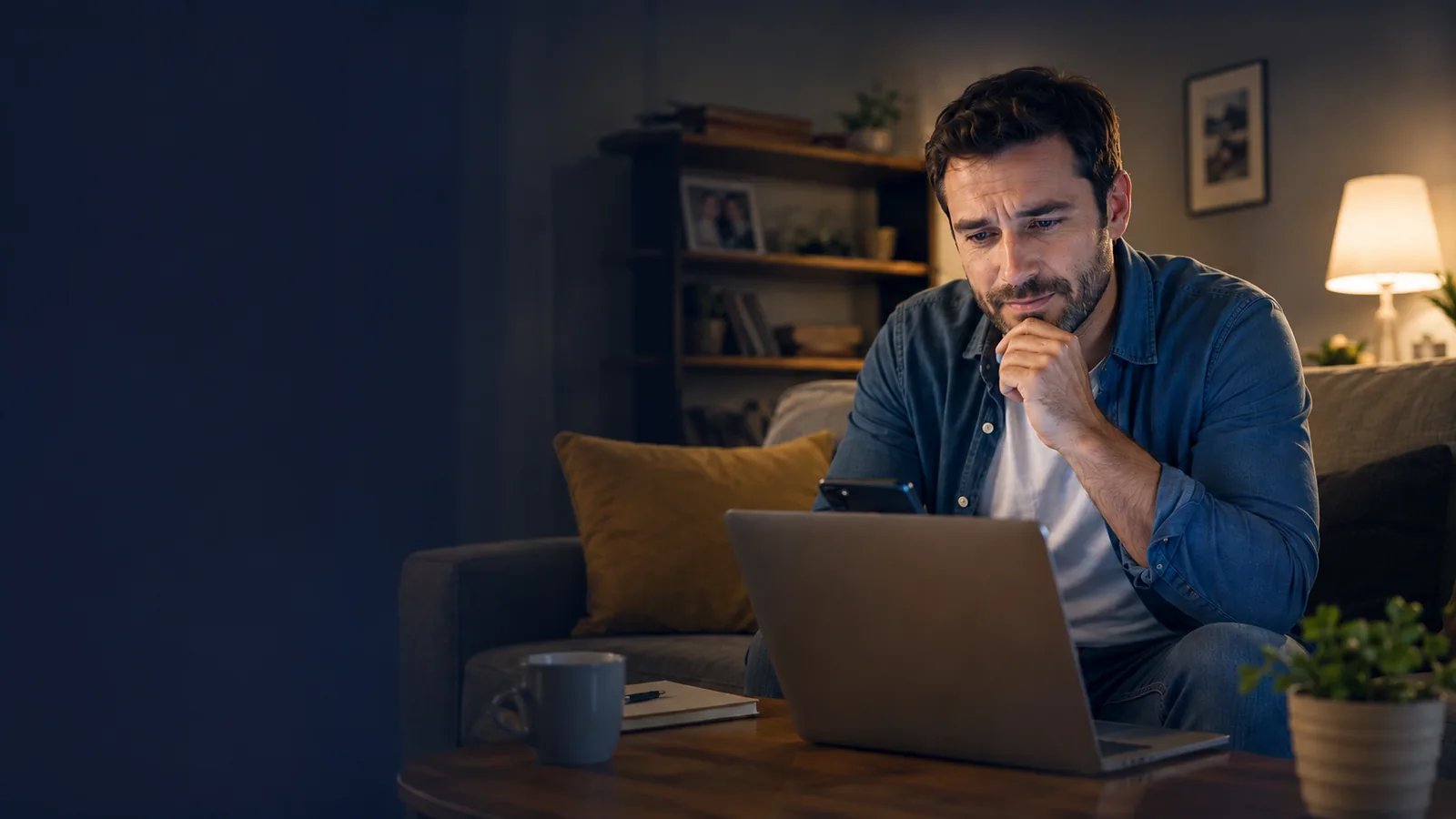 Hombre revisando una consulta legal desde casa